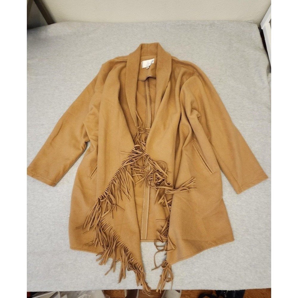 J.O.A. Jacket Womens Large Camel Brown Fringe Open Front Shawl Collar KRT144
